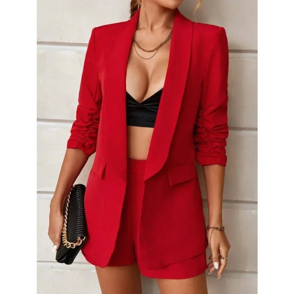 red classy Shawl Collar Ruched Sleeve Blazer & Shorts
